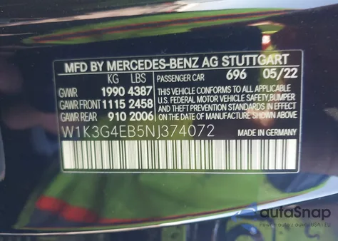 2022 Mercedes-Benz A 220 из США, поврежденный, VIN W1K3G4EB5NJ374072